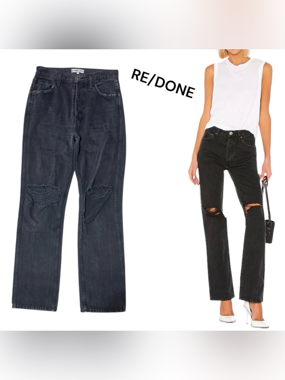 RE/DONE Originals REVOLVE High-Rise Black Wash Distressed Jeans w/ Rips Size 27